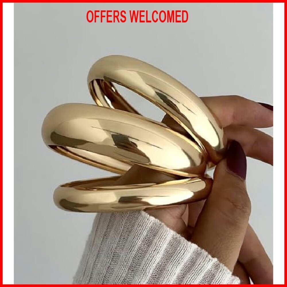 Chunky Gold Plated Bangle Bracelet Set Stackable Minimalist Fashion - Picture 6 of 8